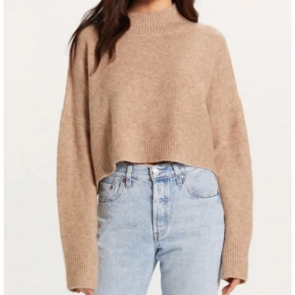 Olivaceous Mock Neck Cropped Sweater Beige